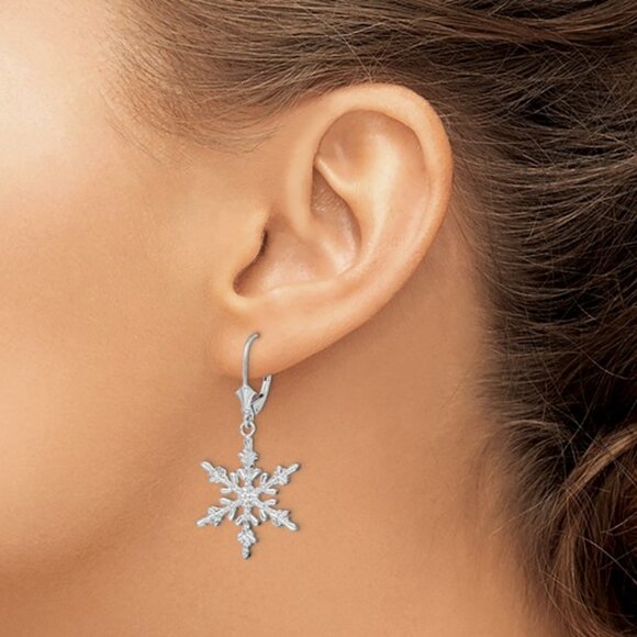 925 Sterling Silver RH plated Winter Snowflake Leverback Dangle Drop Earrings - Picture 8 of 8
